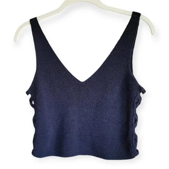 INTERMIX Navy Linen Cotton Knit Tank Crisscross Side Cutout Luxury Top Small - Picture 5 of 10